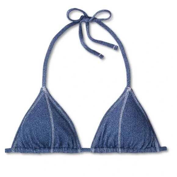 NWT Wild Fable Denim Textured Triangle Bikini Top - Picture 2 of 5